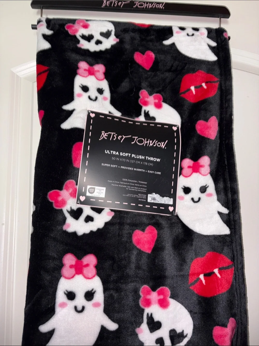 Betsey Johnson Black Plush Throw with White Ghosts & Pink Hearts